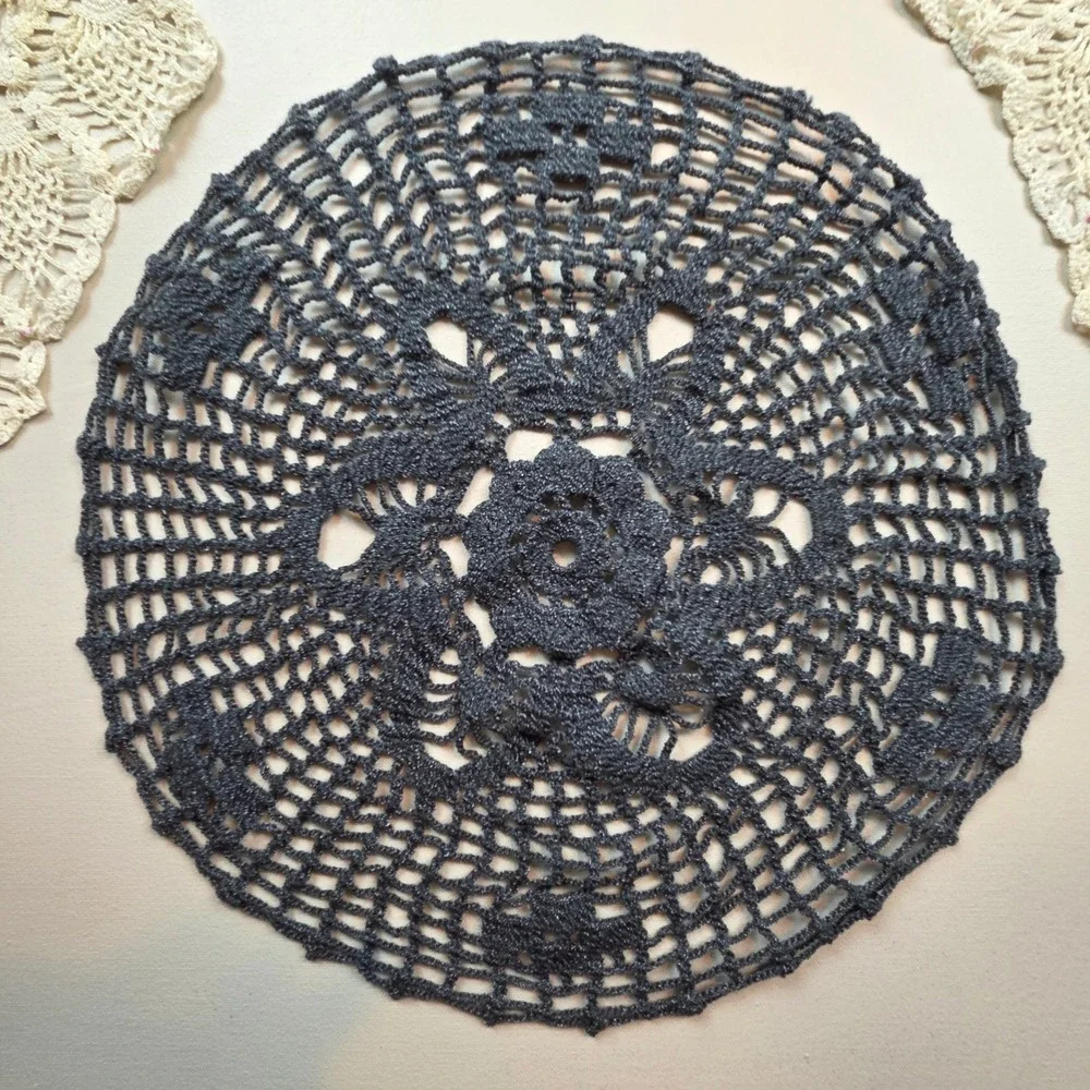 Vintage Handmade Crochet Lace Doily Set Gray Round & Cream Pineapple Runners 3pc
